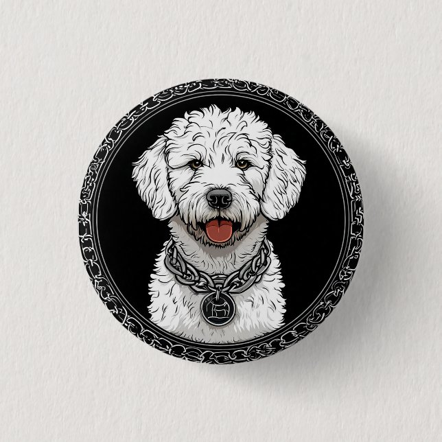 Vit hundporträtt med kedjekrage knapp (Framsida)