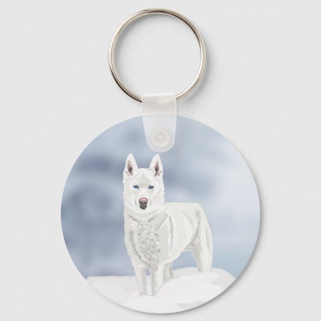 Vit Husky mot snöscen Nyckelring (Framsida)