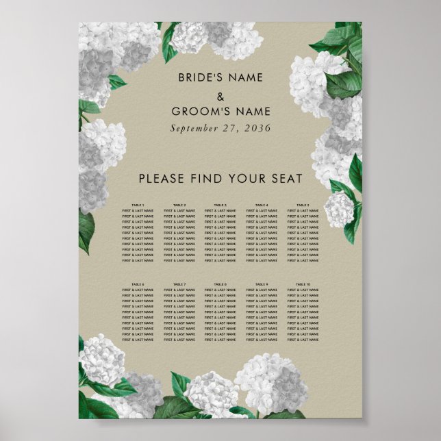 Vit Hydrangea Blommig Bröllopsställningsschema Poster (Framsidan)