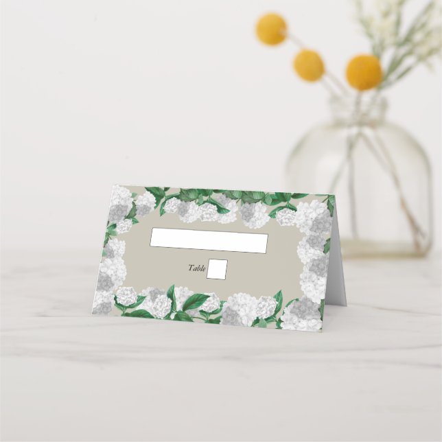 Vit Hydrangea Blommig Grönska Modern Bröllop Placeringskort (Framsida)