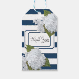 Vit Hydrangea-Blommigt Modern Elegant Navy Stripe Presentetikett