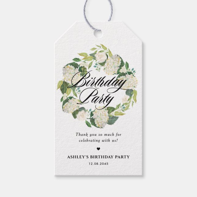 Vit Hydrangea Blommigt Utandning Födelsedagsfest Presentetikett (Framsidan)