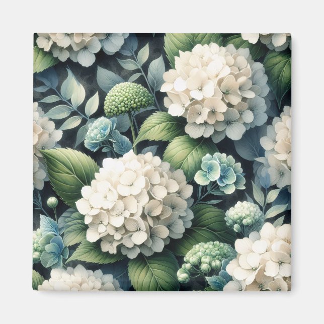 Vit Hydrangea Botanisk målning Magnet (Framsidan)