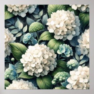 Vit Hydrangea Botanisk målning Poster