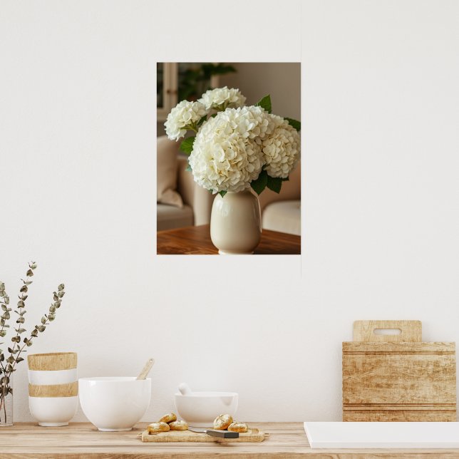 Vit Hydrangea Bukett i Vas – Elegant Blomster Poster (Kök)