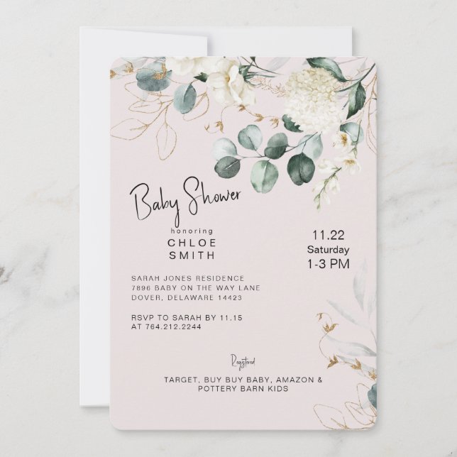 Vit Hydrangea Eukalyptus Rosé Babyfirande Inbjudningar (Framsida)