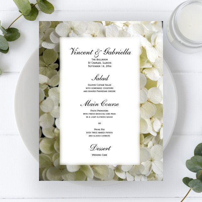 Vit Hydrangea Flower Bröllop Menu (Skapare uppladdad)