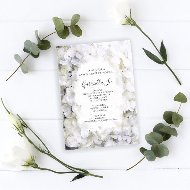 Vit Hydrangea Flower Watercolor Baby Shower Inbjudningar (Skapare uppladdad)