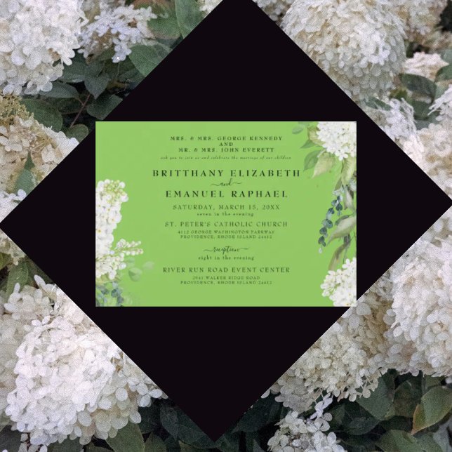 Vit Hydrangea Lime Green Båda föräldrarna Bröllop Inbjudningar (Skapare uppladdad)