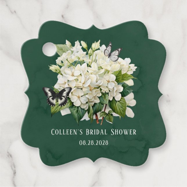 Vit Hydrangea- och Butterfly-Möhippa Gåvor Etiketter (Framsida)