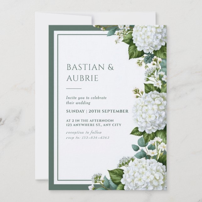 Vit Hydrangea Sage Bröllop Inbjudningar (Framsida)