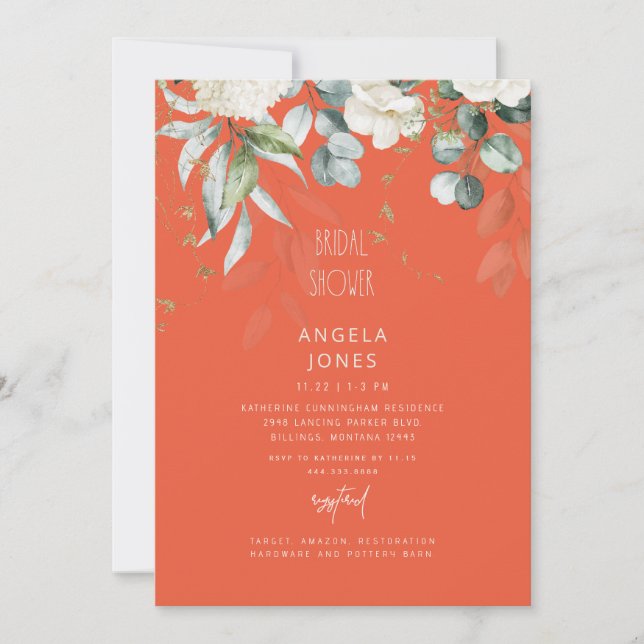 Vit Hydrangea Tangerine Bröllopsdusch  Inbjudningar (Framsida)