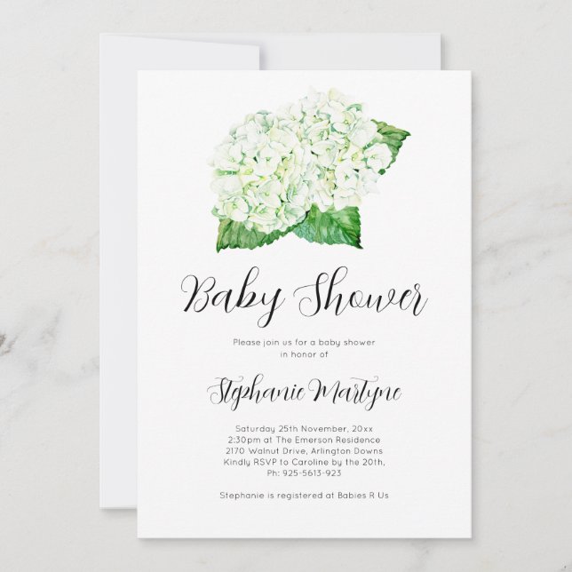 Vit Hydrangea Watercolor Botanical Baby Shower Inbjudningar (Framsida)