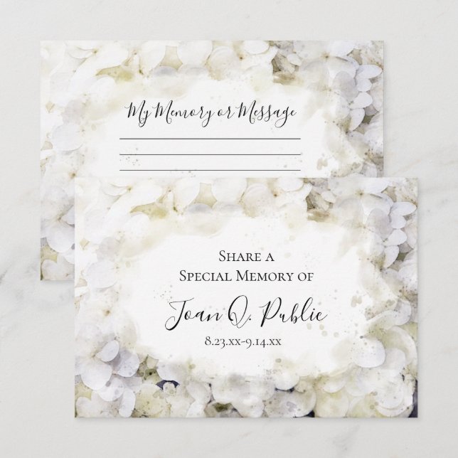 Vit Hydrangea Watercolor  en minnesbegravning Anteckningskort (Fram/baksida)