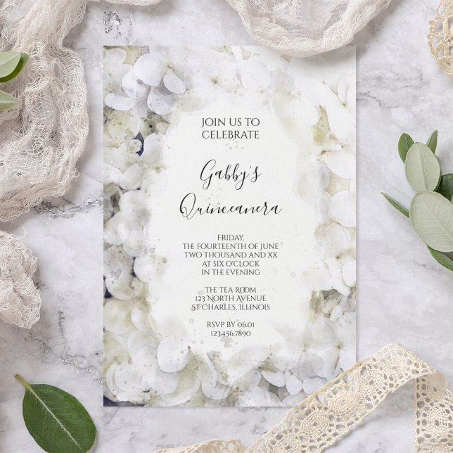 Vit Hydrangea Watercolor Quinceanera Party Inbjudningar (Skapare uppladdad)