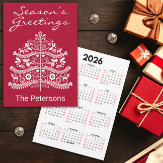 Vit i Red Scandinavian Julgran Calendar Julkort