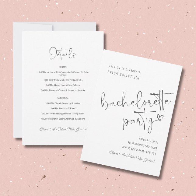 Vit inbjudan till Bachelorette-partiet - Itinerary (Skapare uppladdad)
