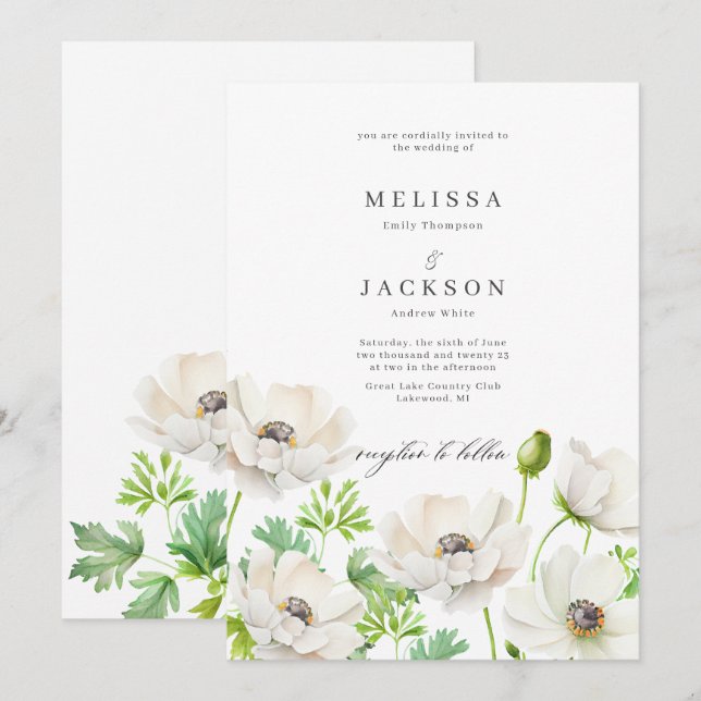 Vit inbjudan till blomsterbröllop (Fram/baksida)