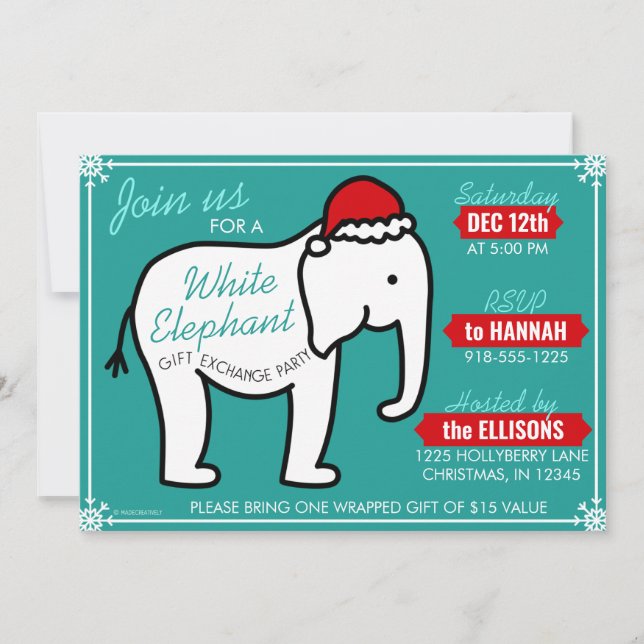 Vit inbjudan till elefant-julen i Party (Teal) (Framsida)