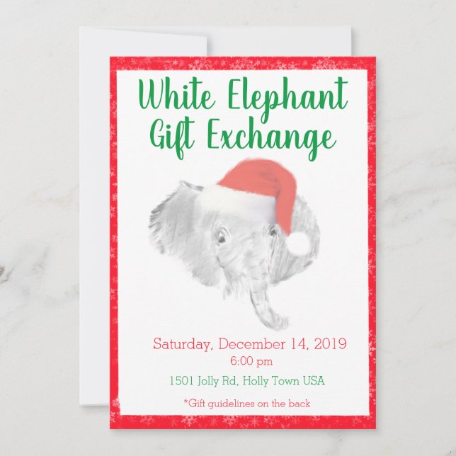 Vit inbjudan till Elephant Gift Exchange (Framsida)