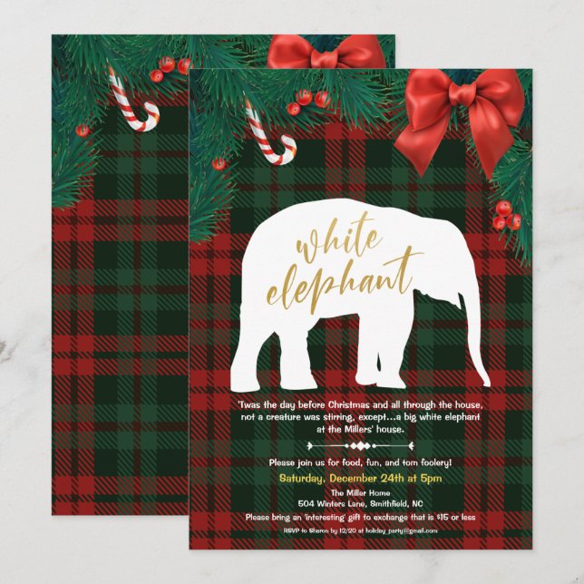 Vit inbjudan till Elephant Gift Exchange (Fram/baksida)