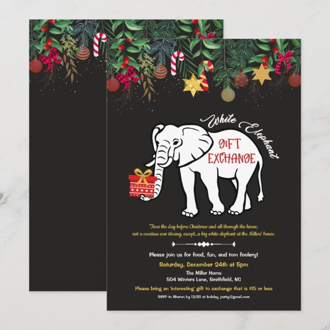 Vit inbjudan till Elephant Gift Exchange (Fram/baksida)