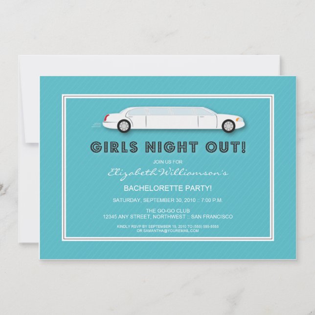 Vit inbjudan till Limo Bachelorette Party (aqua) (Framsida)
