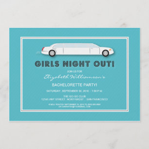 Vit inbjudan till Limo Bachelorette Party (aqua)