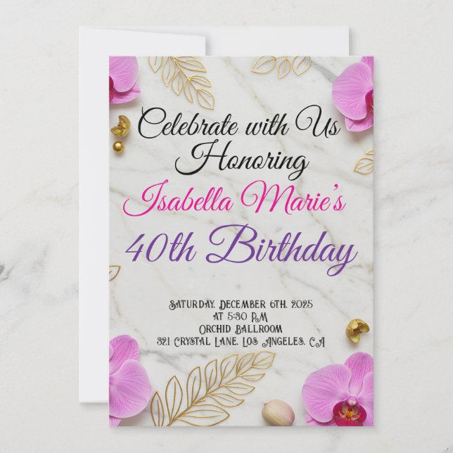 Vit inbjudan till marmor och Rosa Orchid Birthday (Framsida)