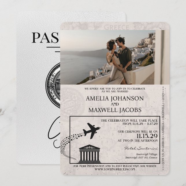 Vit inbjudan till pass för Grekland, bröllop (Fram/baksida)
