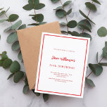 Vit inbjudan till röd födelsedag<br><div class="desc">En modern elegant och inbjudan. En vit bakgrund dekorerad med ett rött ram. Anpassa och lägg till namn och detaljer. Röd text. 1 lakan = 1 inbjudan tryckt kant till kant.</div>