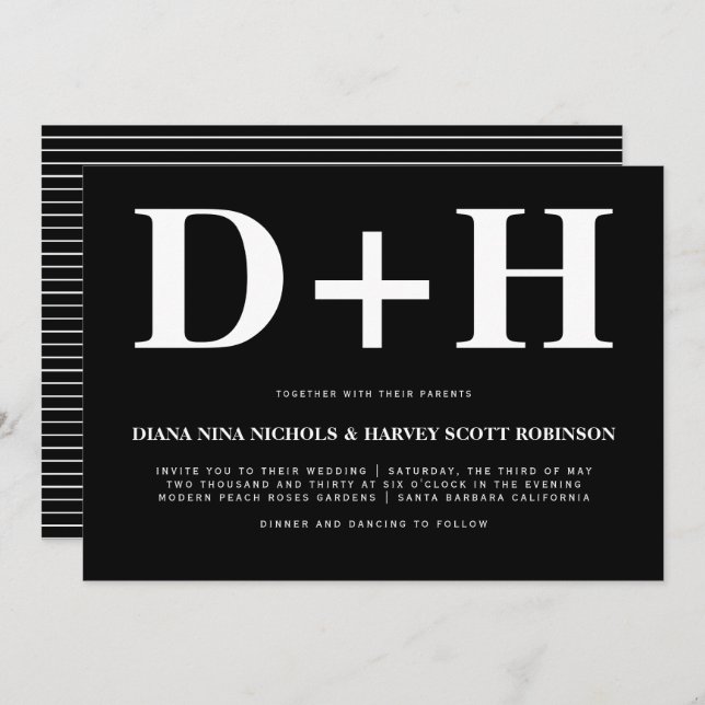 Vit initialer fet typografi, svart bröllop inbjudningar (Fram/baksida)
