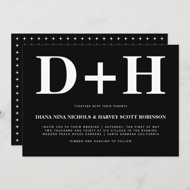 Vit initialer fet typografi, svart bröllop inbjudningar (Fram/baksida)
