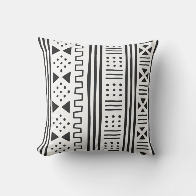 Vit inspirerade afrikanska MudCloth för svart | Kudde (Framsida)