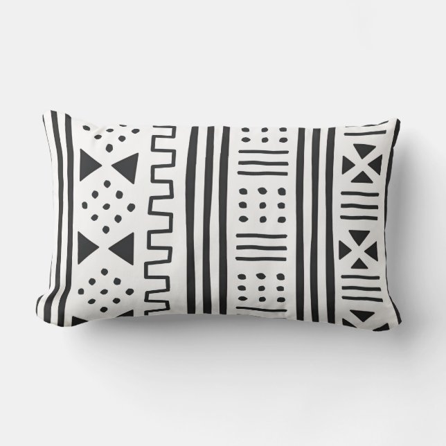 Vit inspirerade afrikanska MudCloth för svart | Lumbarkudde (Framsida)