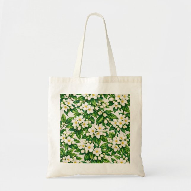 Vit Jasminblomma Botaniskt Grönt Bladmönster Tygkasse (Framsidan)