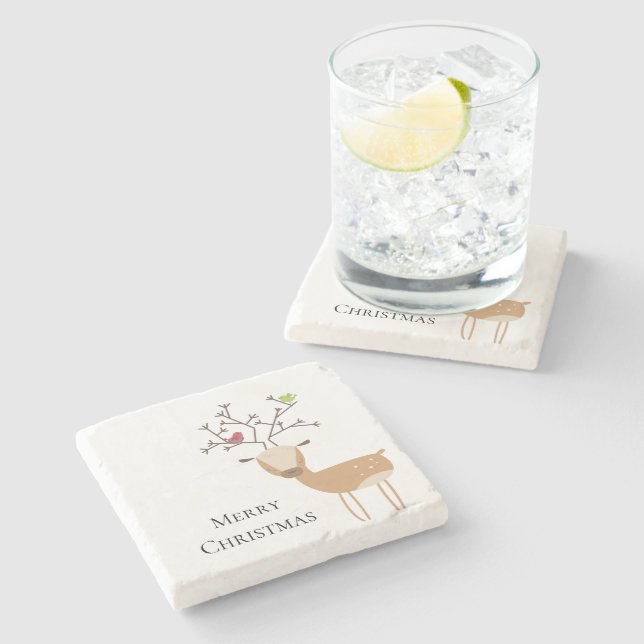 Vit jul-Hjort med fåglar Stenunderlägg (Sidan)