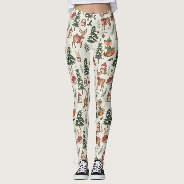 Vit jul skogsräv hjort kanin mönster leggings (Framsida)