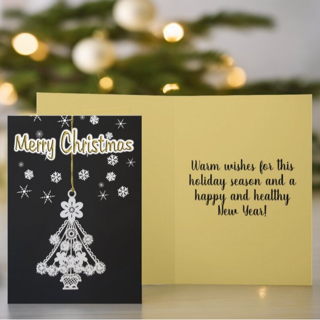 Vit julgransprydnad över svart mall (Black and gold cover and inside template text Christmas card)