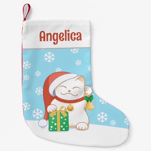 Vit julklapp i en röd hatt liten julstrumpa (Framsidan)