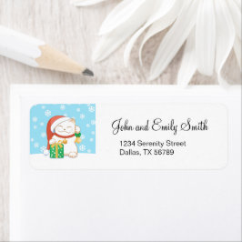 Vit julklapp i en röd hatt returadress etikett