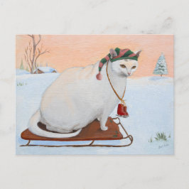 Vit julledig katt i snö helg vykort