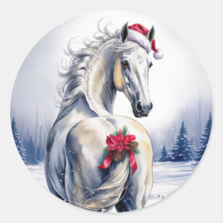 Vit julsticker med häst runt klistermärke