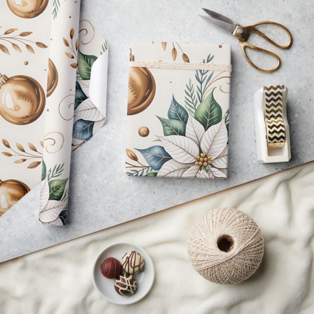 Vit jultid i den moderna Grönten Guld Vit Blommigt Presentpapper (Hantverk)