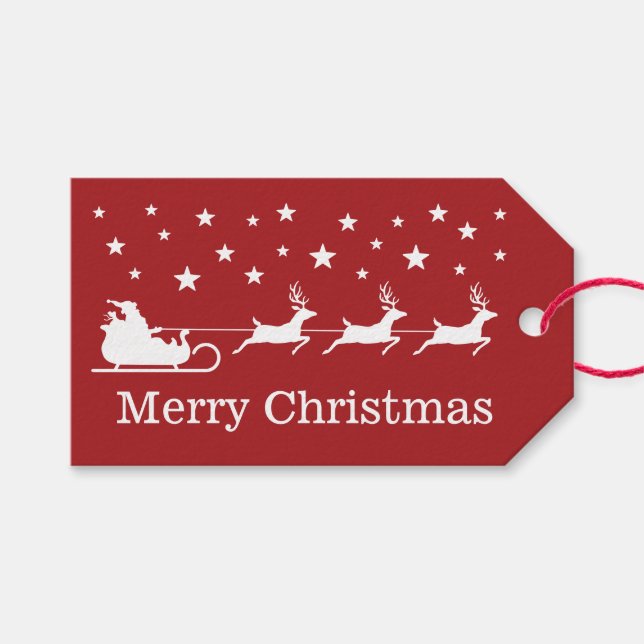Vit jultomtesläde och God Jul text på rött Presentetikett (Framsidan (Horisontell))