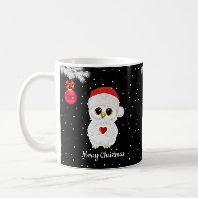 Vit juluggla på svart kaffemugg (Vänster)