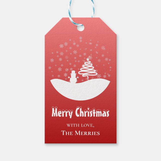 Vit julvinter Wonderland Snögubbe Träd Presentetikett (Framsidan)