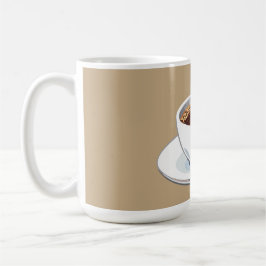 Vit kaffekopp på en tallrik fylld med kaffe