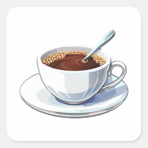 Vit kaffekopp på en tallrik fylld med kaffe fyrkantigt klistermärke