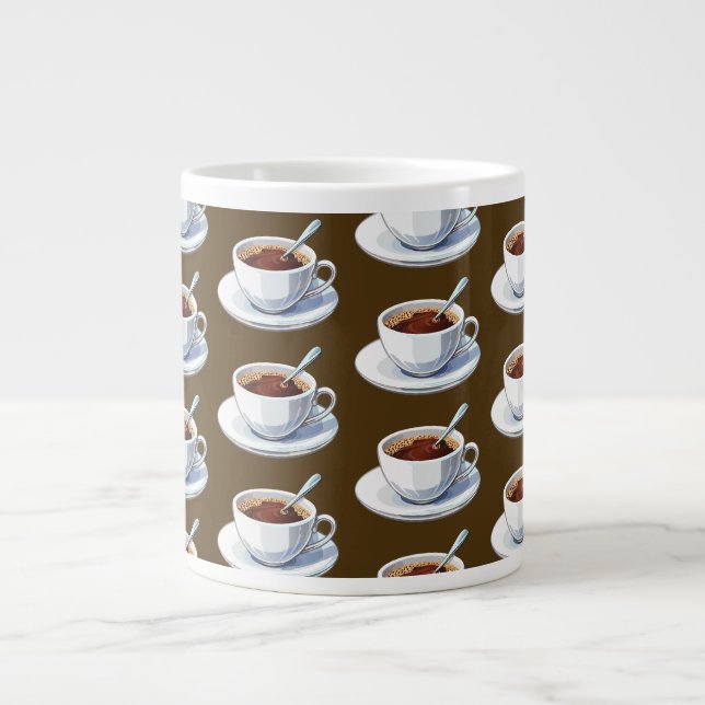Vit kaffekopp på en tallrik fylld med kaffe jumbo mugg (Framsidan)